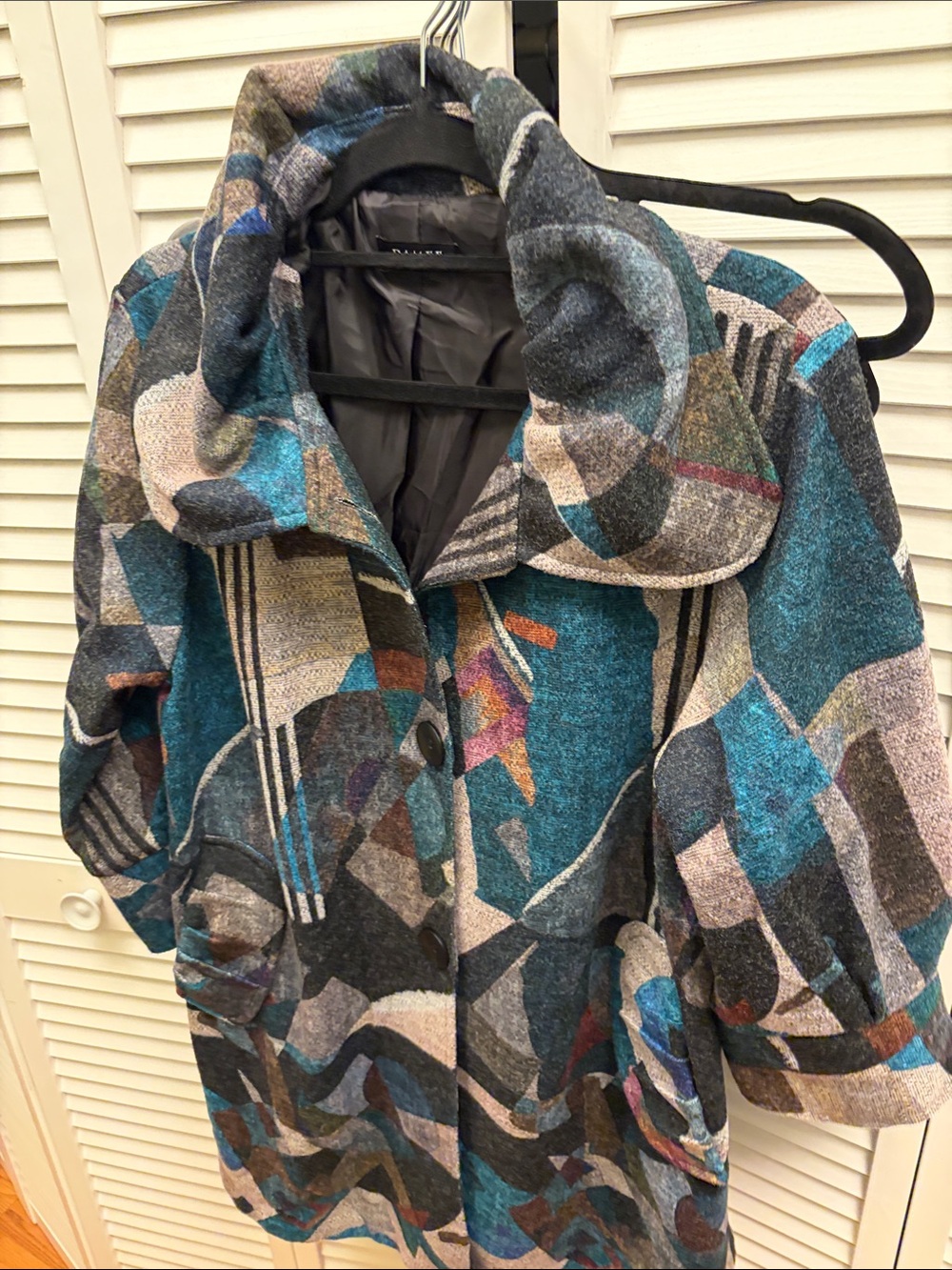 INC International Concepts Teal and Gray Abstract Pea Coat